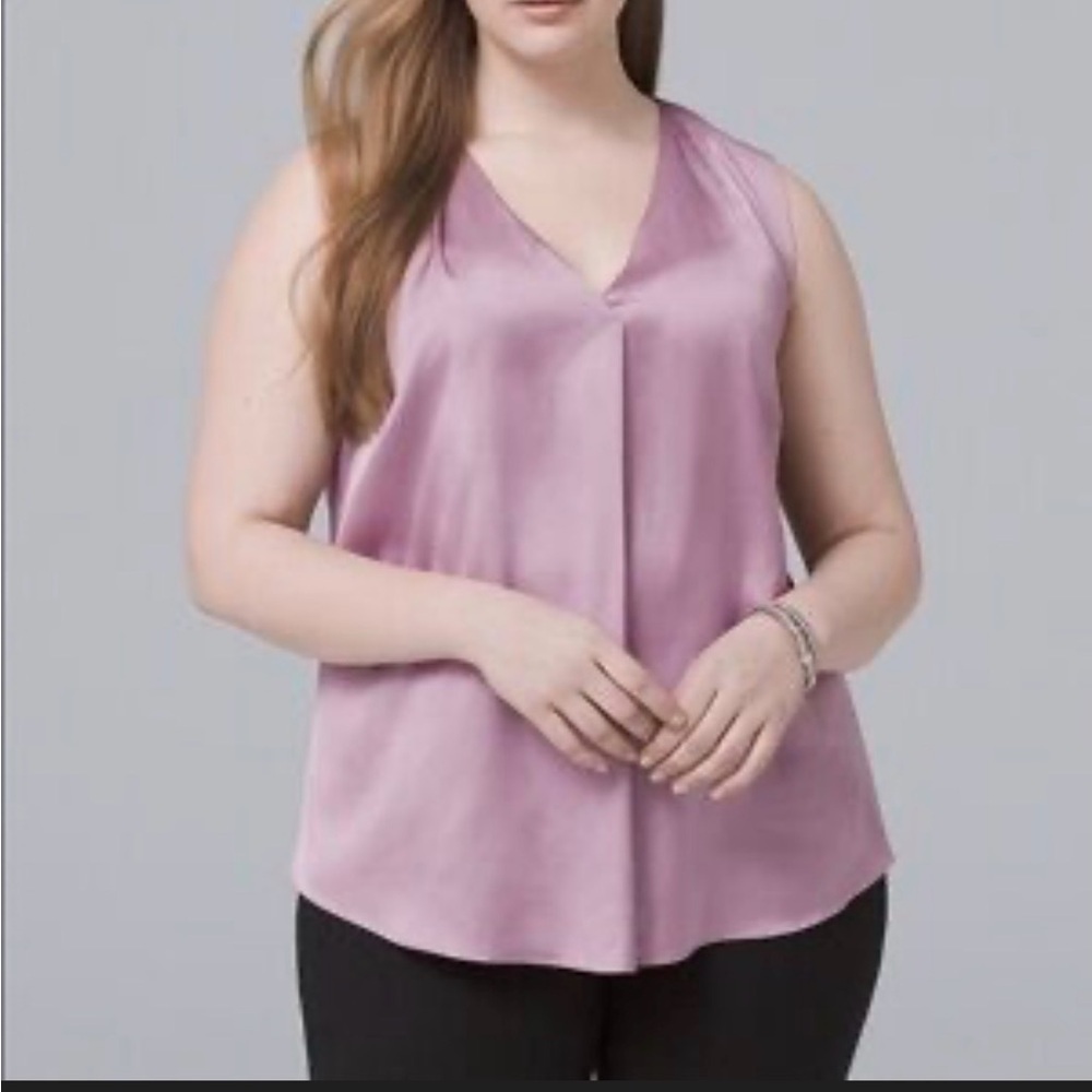 White House Black Market sleeveless V-neck blouse lilac satin material. size 2P